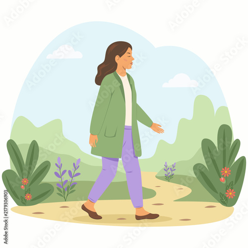 Mental health self care with woman walking in nature, supporting emotional wellbeing, stress relief, mindful lifestyle. For therapy, wellness design. On light background.