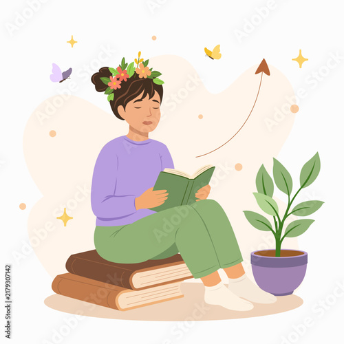 Mental health self care with woman reading a book, plants, butterfly, positive growth symbol. For wellness, therapy, mindfulness, personal development design. On light background.