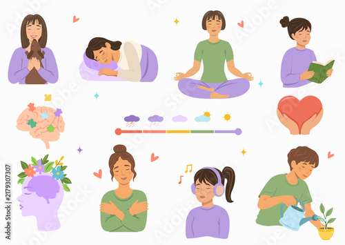 Mental health self care set with women meditating, resting, reading, journaling, practicing emotional wellbeing. For therapy, mindfulness, psychology design. On light background.