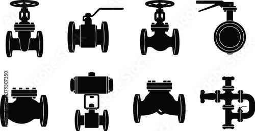 Foto Industrial Pipeline Valves Silhouette Icon Set Featuring Gate Valve Ball Valve B
