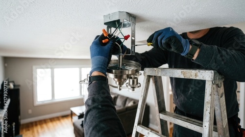 Electrician installing a light fixture on the ceiling