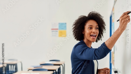 Smiling young Black female teacher writing math formula on whiteboard. African American woman teaching lesson in classroom. Education and learning