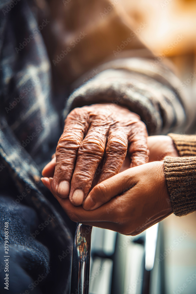 Fototapeta premium A young woman holds the hand of an elderly man sitting in a wheelchair. They share a moment of care and connection in a softly lit environment