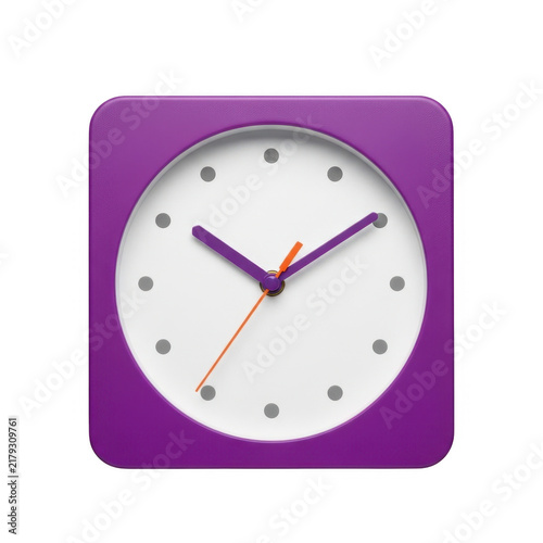 Modern digital clock with analog hands on purple square background
