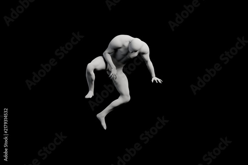 3D rendered mannequin crouching front view matte black studio