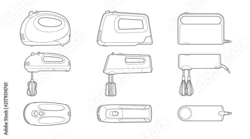 Electric Hand Mixer Line Art Blueprint Vector Set Showing Kitchen Appliance Technical Drawings and Orthographic Views