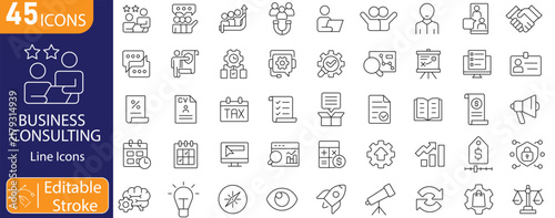 Consulting icons set. Includes business consulting, professional advice, strategy, problem solving, expert guidance, planning, management, and consulting services symbols. Editable stroke. Line icons.