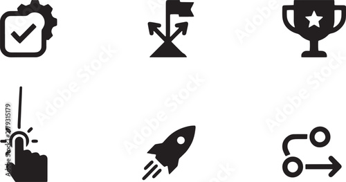 Verified checkmark gear badge and milestone flag strategy solid icon set