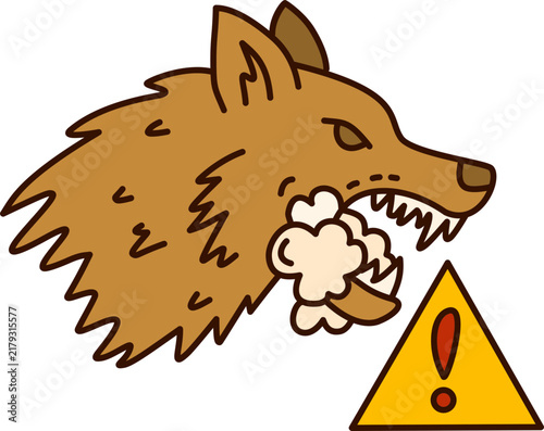 Bild auf Leinwand aggressive rabid wolf head growling with warning sign