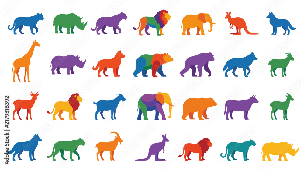 Obraz premium This playful and vibrant image features a variety of colorful animal silhouettes, evoking a sense of joy and creativity through bold use of colors and shapes in animal art.