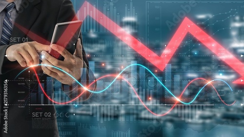 Bild auf Leinwand Economic caution visualized with fluctuating market graph, alert symbols, and negative data trends