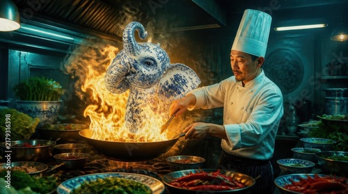 A chef in a busy kitchen cooks a fiery dish, with a steaming ceramic creature emerging from the flames, showcasing culinary artistry.