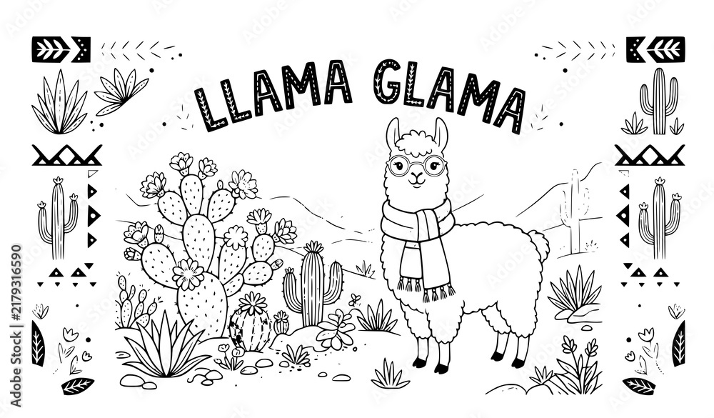 Fototapeta premium llama, glama, funny, doodle, cactus, desert, line art, hand drawn, cute, animal, scarf, southwest, mexican, boho, sketch, outline, coloring page, black and white, monochrome, quote, tribal, pattern, d