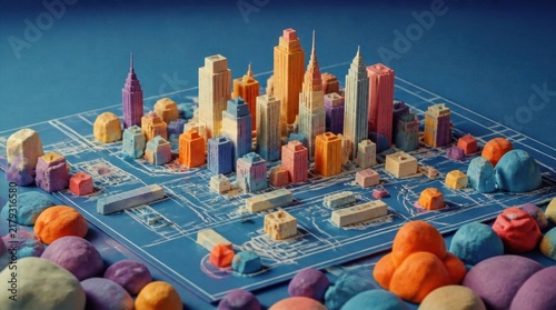 A vibrant, colorful miniature cityscape constructed on blue blueprint paper, showcasing diverse buildings and urban planning elements. Surrounded by colorful stones.