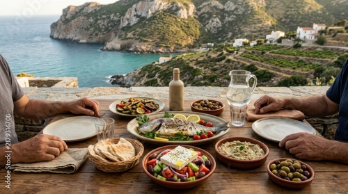 Couple enjoying Mediterranean meal on stone terrace overlooking sea, Greece, with fresh fish, Greek salad, olives, and wine, golden hour light