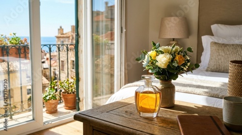 Cozy hotel room with a sea view balcony and floral arrangement, vacation ambiance, relaxation