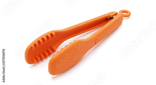 Orange Plastic Tongs with Ridges and Smooth Sides on White Background