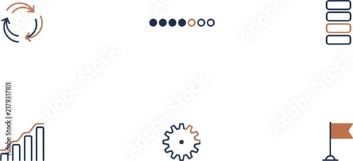 Minimalist two color bar chart graph and gear cogwheel line icon set