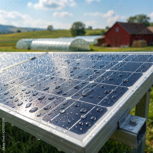 Wet photovoltaic solar panel with water droplets on rural farm