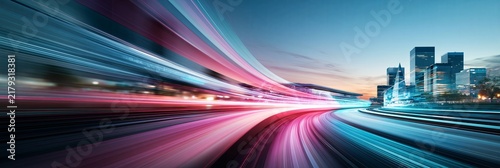 Speed and data moving through modern city landscape. Blurs of light creating a flowing movement through a futuristic urban setting, representing progress