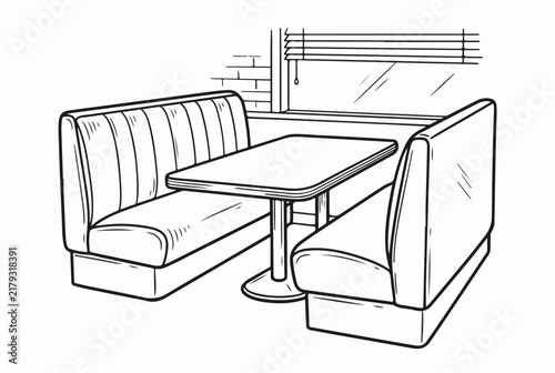 Retro diner booth with table and padded seats. Vintage restaurant interior seating area. Line art illustration isolated on white background