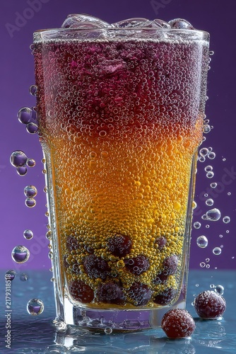 Passionfruit iced tea with tapioca pearls, vibrant purple-yellow gradient, refreshing bubbles, condensation droplets, macro photography showcasing colorful beverage with copy space