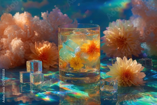 Abstract drink with floating edible flowers and holographic ice cubes, surrounded by soft textures and vibrant colors, creating a surreal liquid summer concept with copy space