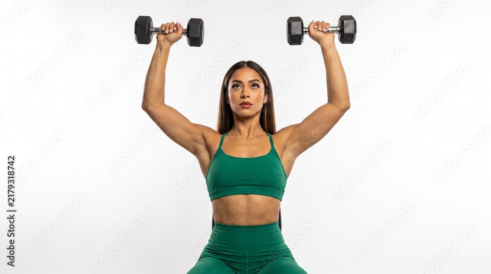 Fototapeta premium Athletic Latina woman performing dumbbell overhead press on white background.