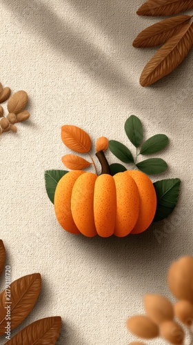 Thanksgiving Background with Pumpkin and Autumn Leaves.