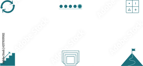 Teal minimalist staircase growth arrow and mountain peak flag icon set