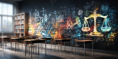 A modern classroom with empty desks and chairs faces a large chalkboard filled with colorful scientific, mathematical, and business diagrams and equations.