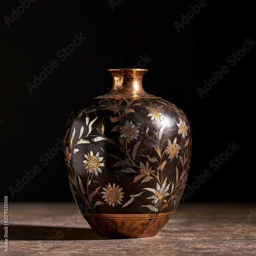 Dark decorative vase with floral design and golden accents