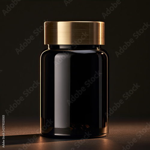 Glossy dark jar with metallic gold lid on dark background