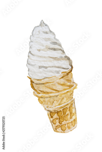 Creamy Spiral Swirl Vanilla Soft Serve Ice Cream in Waffle Cone Watercolor Illustration