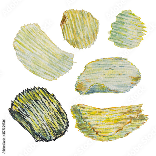 Potato Chips in Various Art Styles Watercolor Illustration
