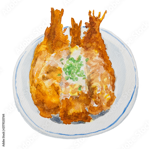 Ebi Katsudon, Japanese Fried Shrimp with Egg Rice Bowl Watercolor Illustration