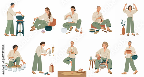 Collection of Diverse People Engaged in Sound Healing, Meditation, and Holistic Wellness Practices with Singing Bowls and Gongs, Vector Illustration