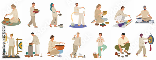 Diverse set of people practicing sound healing, meditation, and holistic therapy with singing bowls and gongs isolated on a white background.