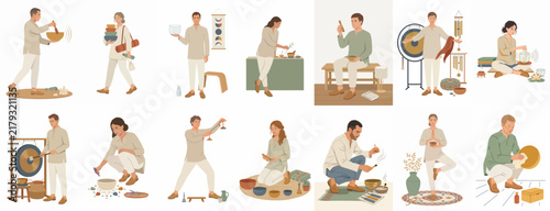 Vector illustration collection of people practicing mindfulness, meditation, sound healing with singing bowls, gongs, and yoga for wellness and spiritual balance.