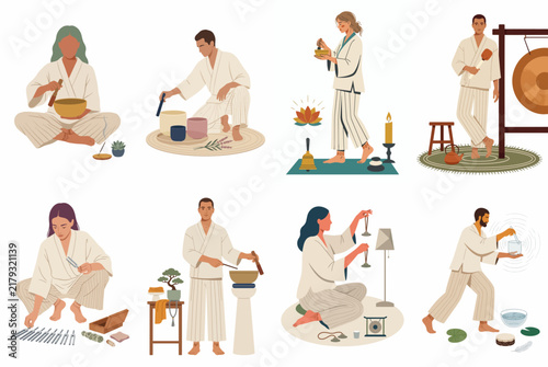 Vector illustration set of diverse people practicing sound healing, meditation, and mindfulness with various instruments like singing bowls, gongs, and tuning forks.