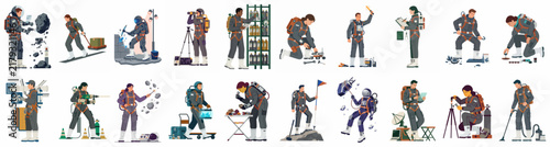 A collection of diverse characters in specialized gear performing various scientific, exploratory, and maintenance tasks in a flat illustration style.