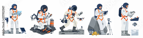 Collection of diverse astronaut characters conducting scientific research, using technology, and operating robotic equipment on a planetary surface in a flat vector style.