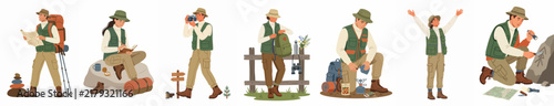 Collection of illustrated characters engaged in outdoor activities like hiking, exploring, photography, and archaeology, isolated on a white background.