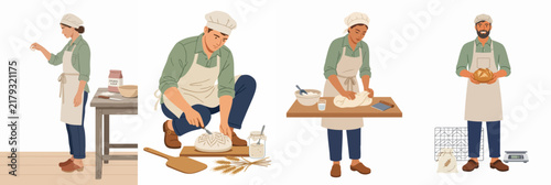 Set of baker character illustrations showing different stages of bread making process from kneading dough to holding a fresh loaf.
