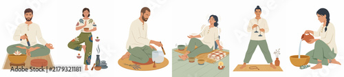 Collection of diverse people practicing mindfulness, meditation, sound healing, and holistic wellness rituals with singing bowls, yoga, and aromatherapy.