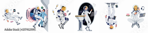 Vector Illustrations of Astronauts in Fun and Relatable Daily Life Situations During a Space Mission