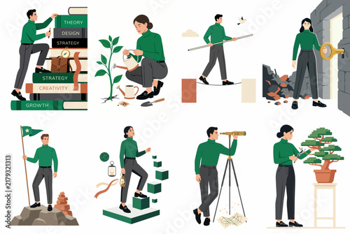 Collection of business concept illustrations showcasing success, growth, vision, and strategy through symbolic activities of professional characters on a white background.