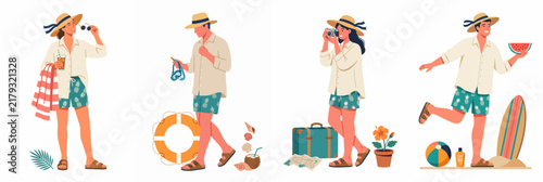 Set of diverse flat characters enjoying summer vacation activities with beach accessories, suitcases, and tropical refreshments on a white background.