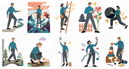 Collection of vector illustrations depicting various concepts of personal growth, career success, self-improvement, and overcoming challenges in a clean flat design style.