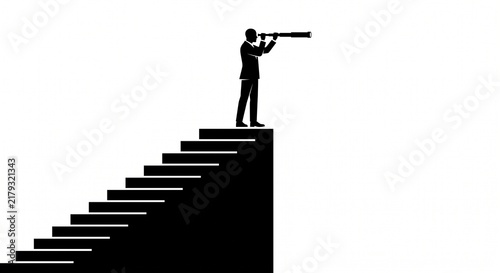 Businessman Silhouette Standing on Top of Career Stairs Looking Through Spyglass Telescope